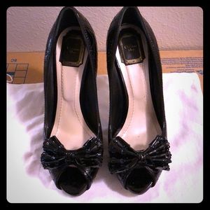 Authentic Dior black patent leather peep toe pumps